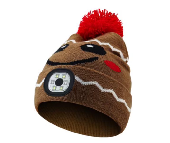 Kids LED Winter Beanie - Gingerbread Man Design with Red Pom-Pom
