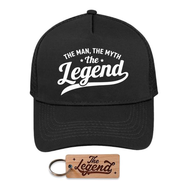 The Man, Myth, Legend Trucker Cap and Matching Wood Key Ring Gift Set