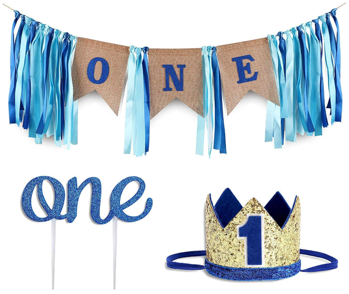 Pink 1st Birthday Party Set Crown Banner Cake Topper Decor