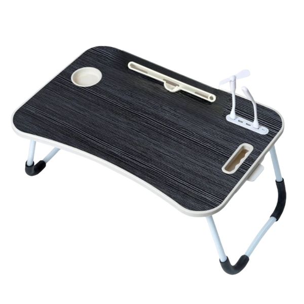 Foldable Laptop Bed Desk Table with Built-in USB Port, Mini Fan &amp; LED Lamp