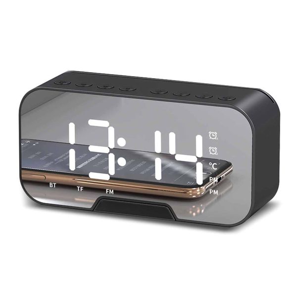 Mirror Wireless Bluetooth Speaker FM Radio Plug In Card Alarm Clock Black