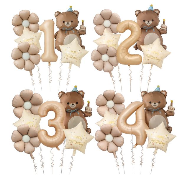 6 Piece - Number &amp; Teddy Bear Birthday Balloon Set