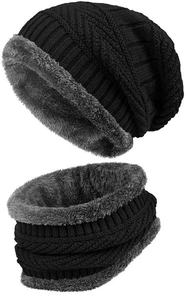 2-Piece Winter Beanie Hat and Scarf Neck Warmer Set 23cm Plush Lining