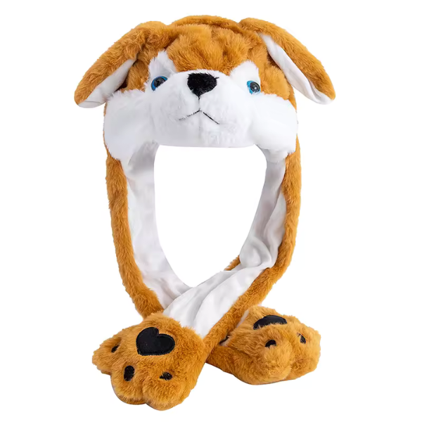 Puppy Winter Beanie w MOVING Ears - Brown &amp; White - SuperSoft &amp;Warm