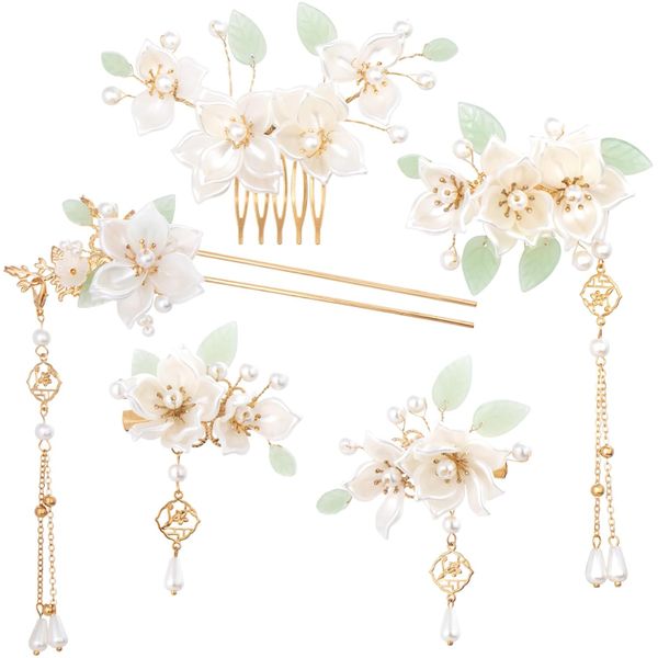 5-piece set of vintage hairpins - Camellia-shaped hairpins with pearls