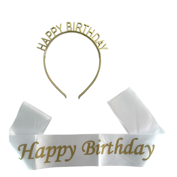 Happy Birthday Crown and Sash - Gold/White