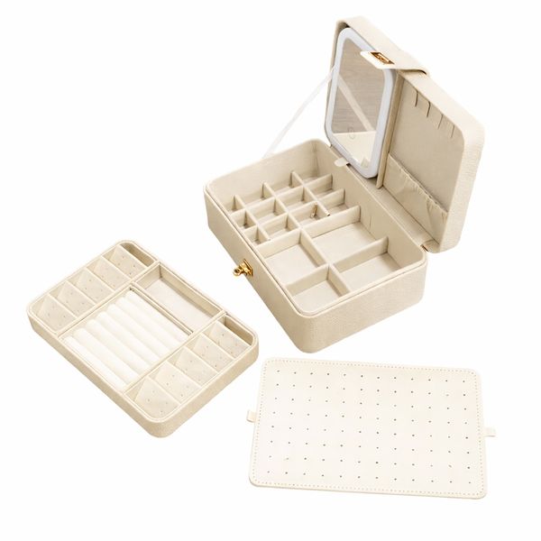 Jewelry Box Case Storage Organizer 3-Layer PU Leather with Mirror for Women