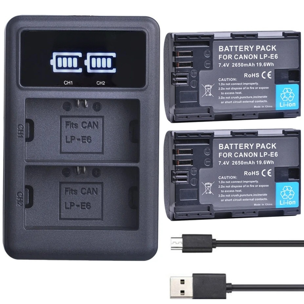 2x 2650mAh LPE6 LP-E6 E6N Batteries &amp; Dual Charger Compatible with Canon