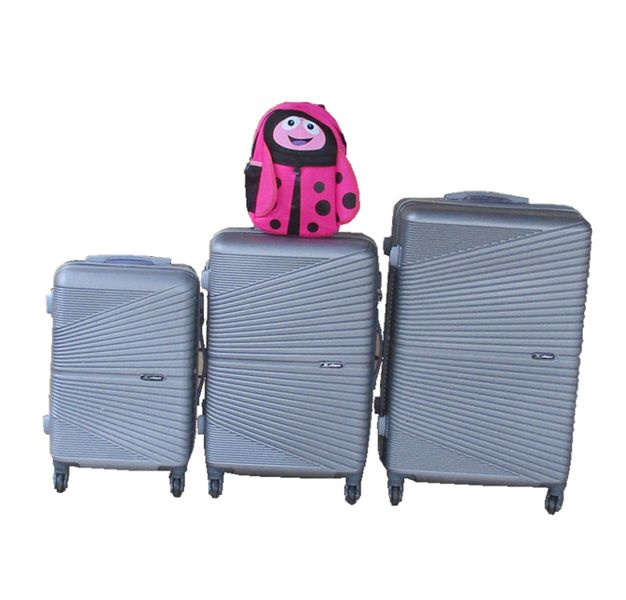 Silver 3-Piece ABS Luggage Set + Pink Ladybug Kids Backpack