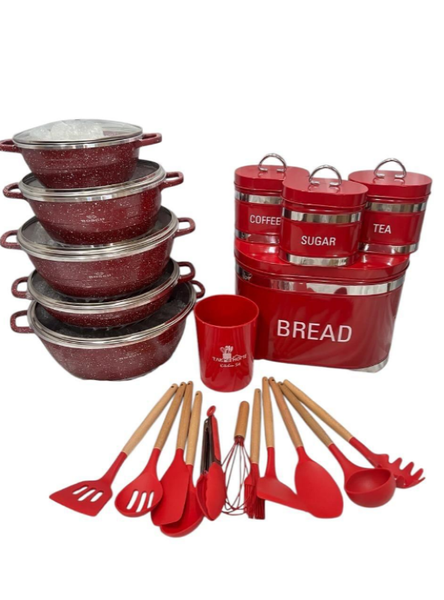 10 Piece Non-Stick Pots - 4 Piece Steel Bread Basket - Silicone 12 Pieces Spoon Set