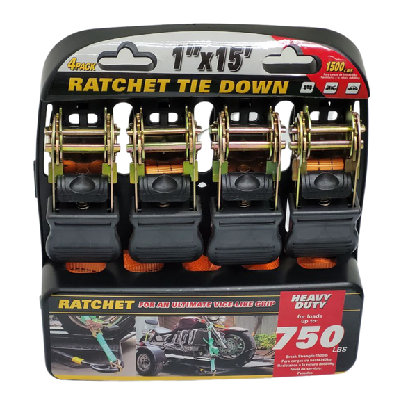 4 Pack 1"x15' Ratchet Tie Down