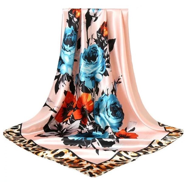 Lady's Satin Silky Scarf with Large Flower and Leopard Spots - Pink/Brown