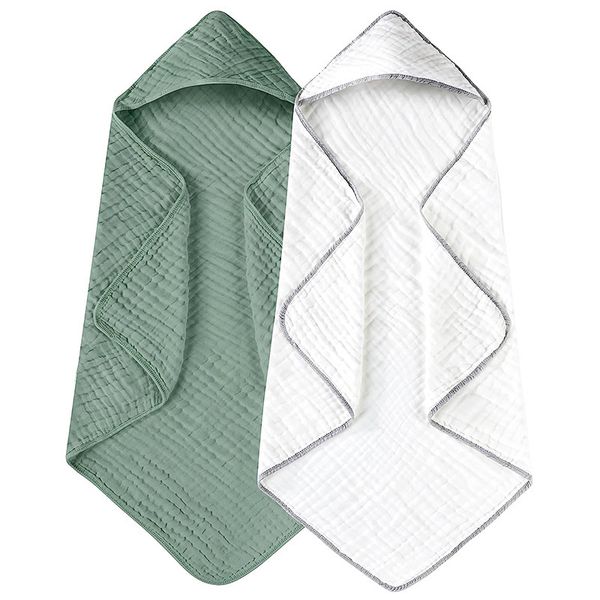 2-Pack Muslin Baby Hooded Towels,100% Organic Cotton,Ultra Soft &amp; Absorbent