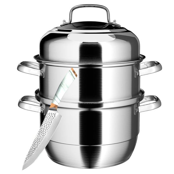 34cm Large Double Stainless Steel Steamer Pot Steamer Cookware with Knife