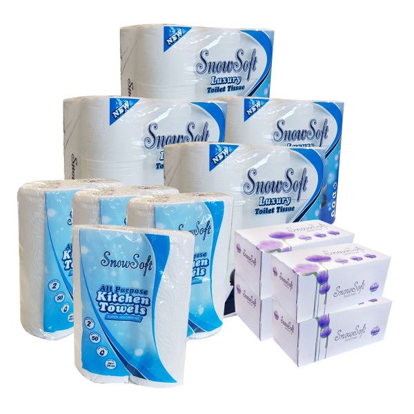 Snow Soft 2 Ply Toilet Paper 72 Pack + Kitchen Towel 8 Pack + 4 Tissue Box