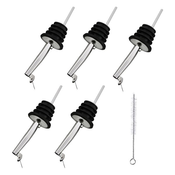 5 x Stainless Steel Bottle Pourer with Flap, Includes Cleaning Brush