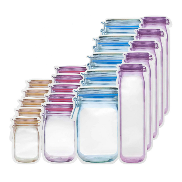 20pc Pack Multi-Size Mason Jar Design Zipper Resealable Food Safe Pouch Set