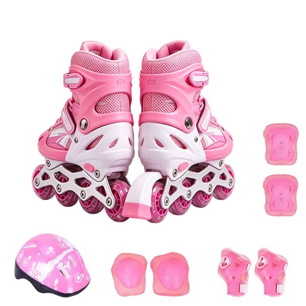Pink Kids Adjustable Inline Skates with Helmet &amp; Full Protective Pad Set