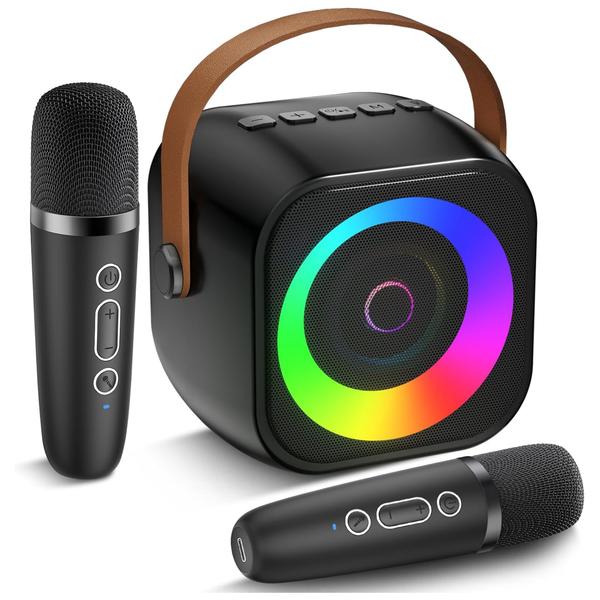 MXZXBXZ Mini Karaoke Machine with 2 Wireless Microphones for Kid LED Lights