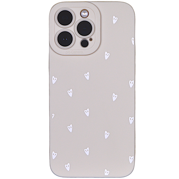 Soft - Beige - Phone Cover - with White Hearts - Iphone 14 Pro Max