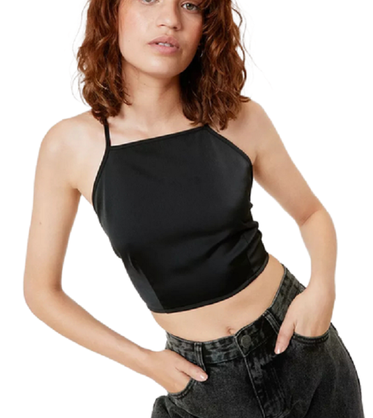She Made Me - Satin Open Back Halter Summer Top - Black