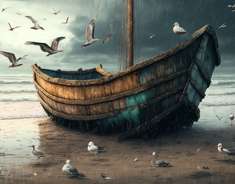 Canvas Wall Art - Old Abandoned Boat On The Beach