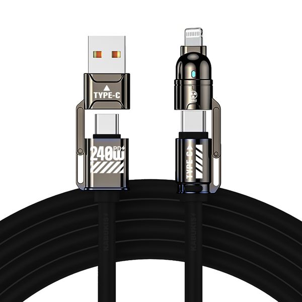 240W MAX 4in1 Fast Charger Cable - Powerful USB-C, Type-C &amp; Lightning Black