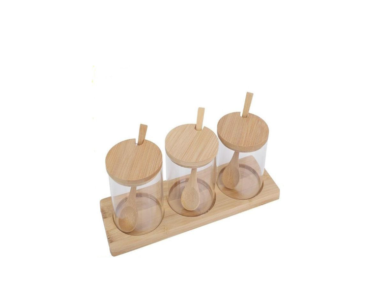 3-Pack Glass Spice Canisters with Bamboo Lids Spoons and Tray MLx1