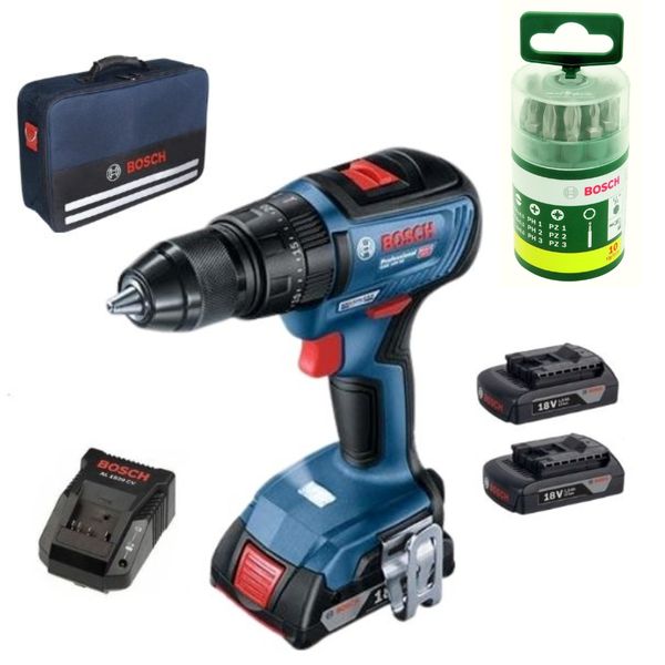 Bosch Impact Drill GSB18V-50 with 3x1.5Ah Batteries, 10 piece Screwdriver set