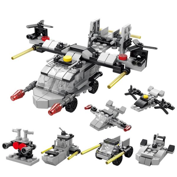117-Piece 6-in-1 Military Aircraft and Vehicle Building Block Set- Grey