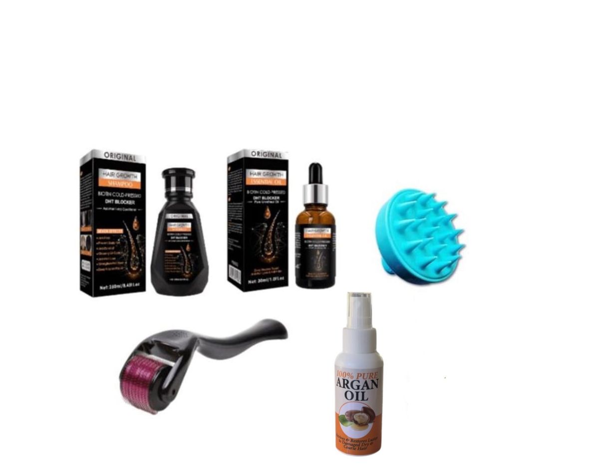 Biotin Hair Shampoo, Biotin Oil, Derma Roller,Exfoliating Brush & Argan Oil