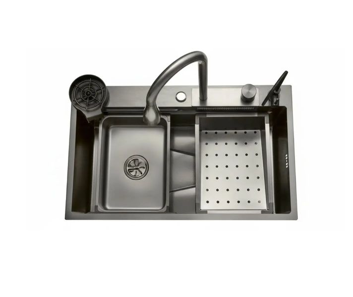 Waterfall Nano Kitchen Sink Black Stainless Steel Workstation 75cm