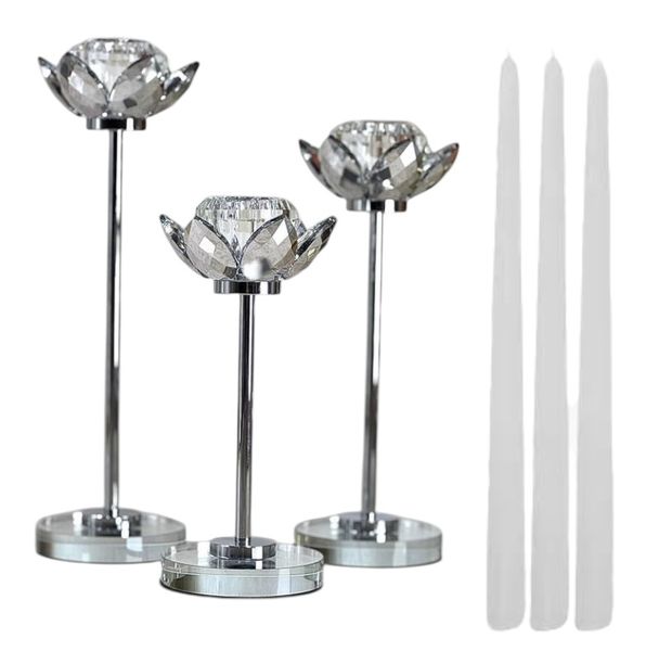 Luxury Crystal Lotus Candle Holder Set with Chrome Finish &amp; Taper Candles