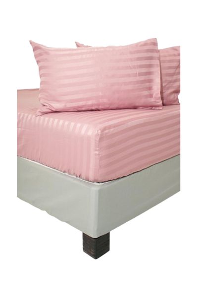 Pink Polyester Striped Queen 122 tc Fitted Sheet - elasticated
