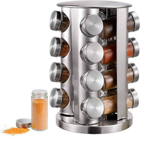 16 Pcs Kitchen Rotating Spice Rack Carousel Jar Organizer Silver