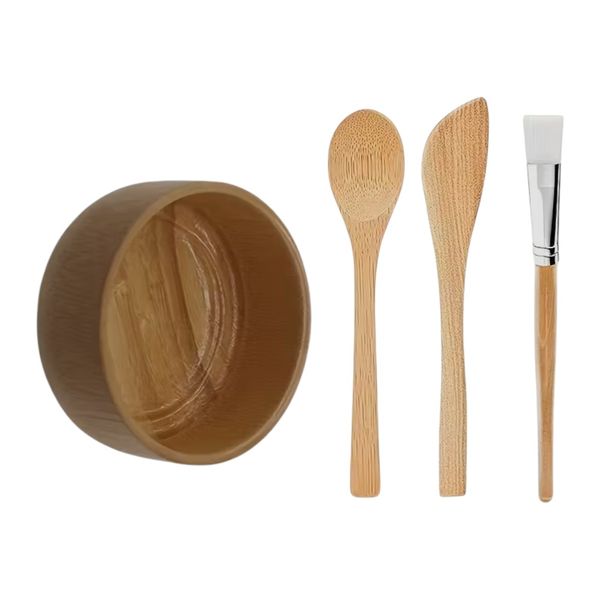 4 Piece Bamboo Facial Mask Mixing Bowl Set - Brown