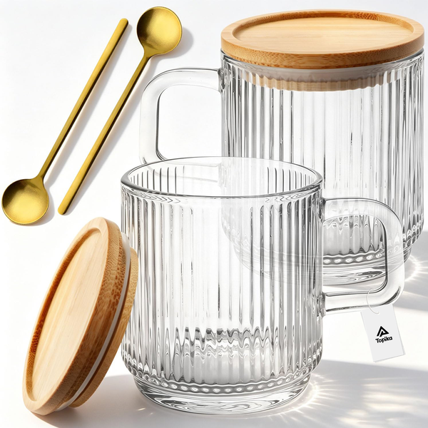 Topika - Coffee Mugs Set, Transparent Glass Mugs With Lids And Spoons,2 Pcs