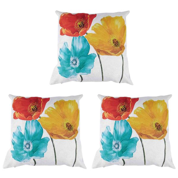 3X Flax Square Pillow Case Tricolor Poppy Flowers 45X45Cm