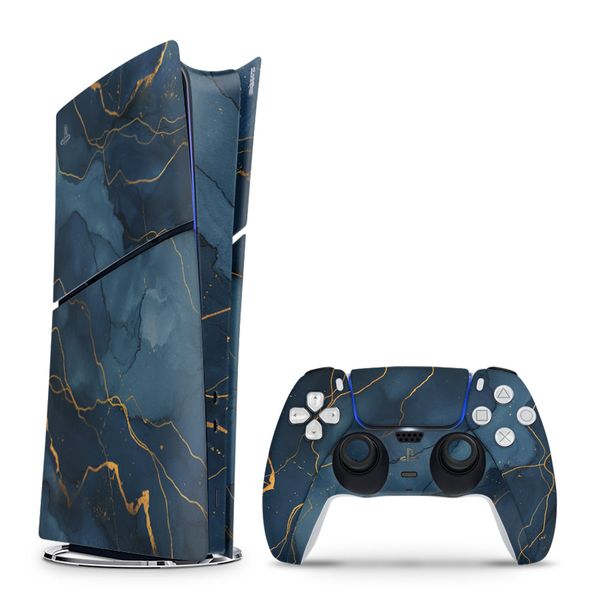 Decal Skin Compatible with PS5 Slim Digital - Dark Blue Marble Gold (Decal Only)