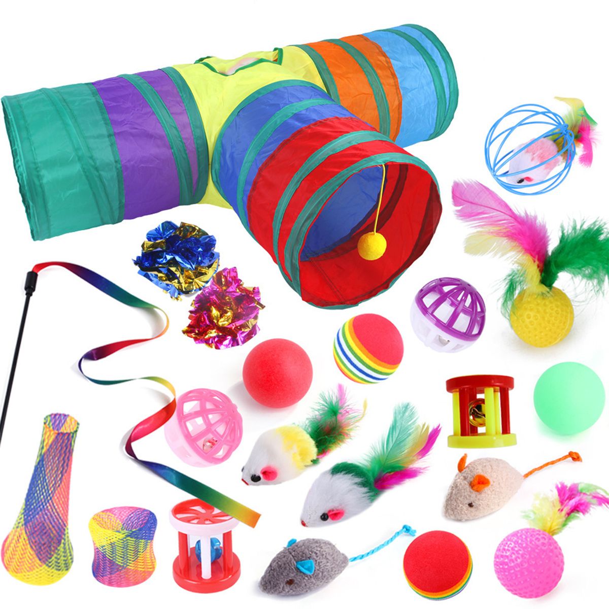 21 PCs Cat Toys Kitten Toys with T Rainbow Tunnel Cat Feather Teaser Balls
