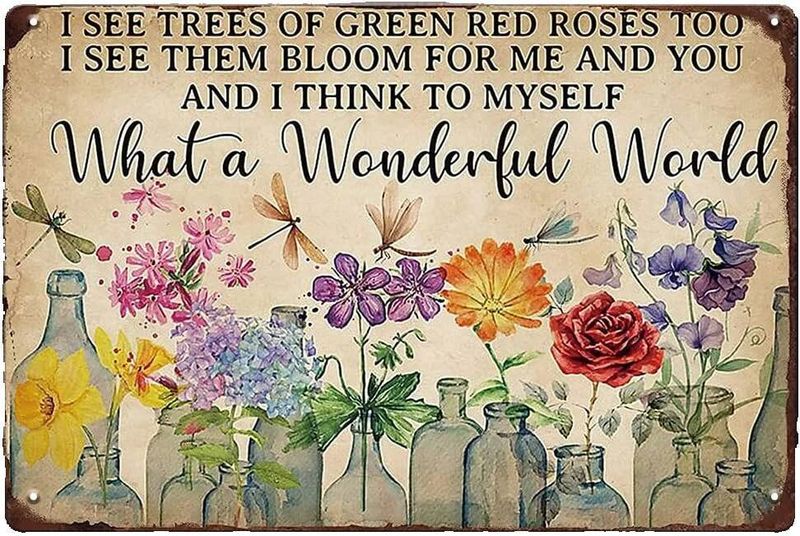 Dragonfly Flowers Tin Sign, "What a Wonderful World", Garden Decor