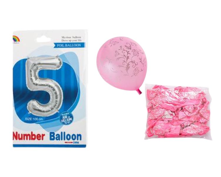Birthday Age 5 Balloon Sil + Pink ballons