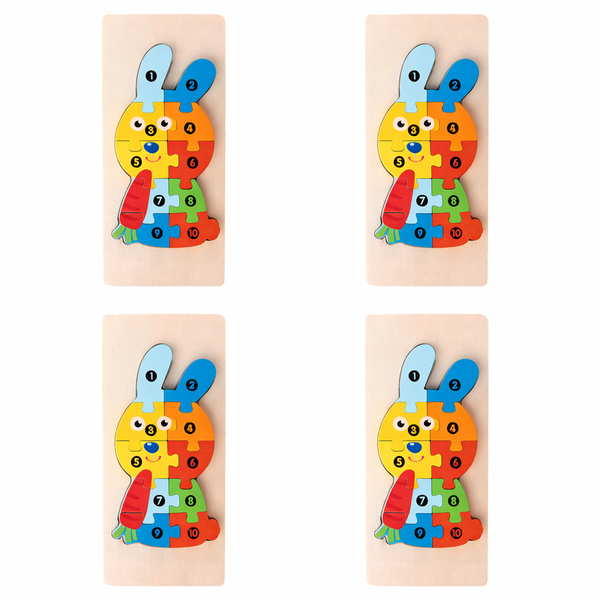 4 Pack - Educational Wooden Rabbit Building Blocks - Multicolour