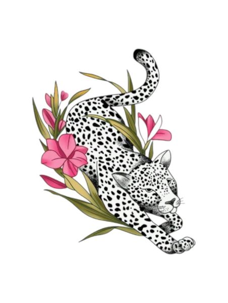 Stretching Leopard Temporary Tattoo With Pink Tropical Flowers - Multicolor