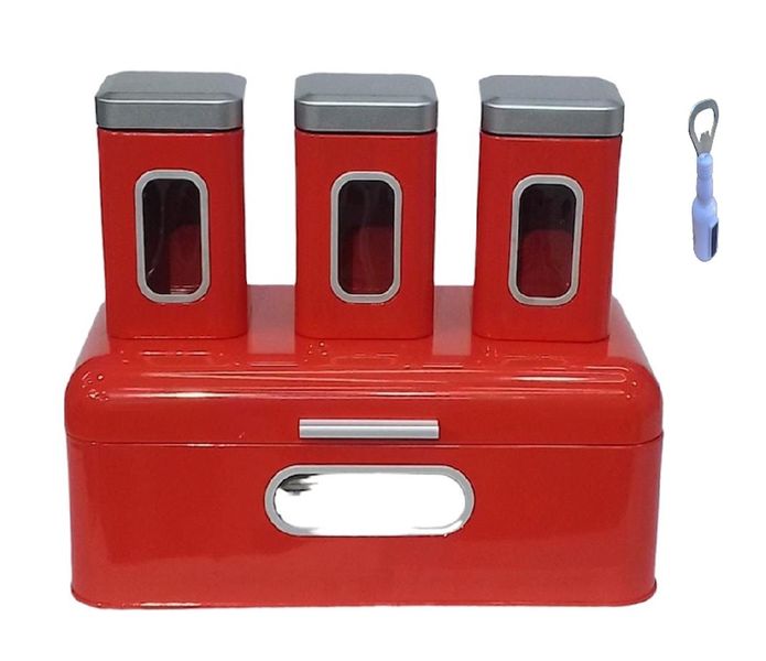 Bread Bin and Cannister Storage Set - Red, Grey And Bottle Opener