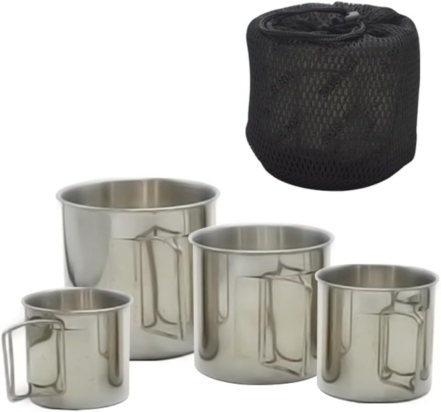 4 Piece Stackable Stainless Steel Camping Mugs with Folding Handles