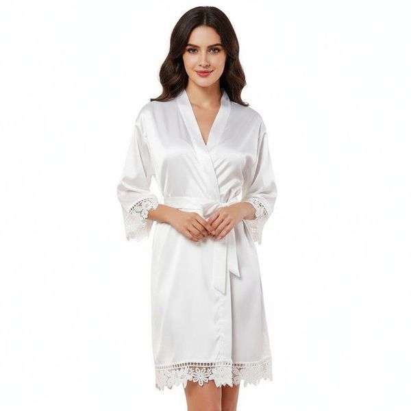 Women's Satin Kimono Robe with Lace Trim Bridal Party Sleepwear Bathrobe
