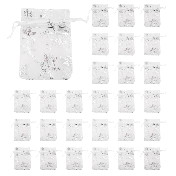 100 PCS Drawstring Jewelry Bags Silver White Snowflakes Printed Sheer