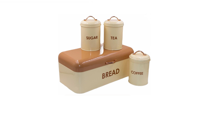 Continental Homeware Two-Tone Bread Bin with 3 Piece Canister Set - CREAM