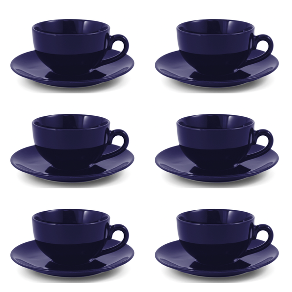Designer Navy Ceramic Tea or Coffee Cups and Saucers - 220ml - Set of 6